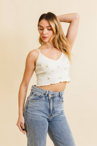 Daisy Embroidered Ribbed Lettuce Edge Brami - Rise and Redemption