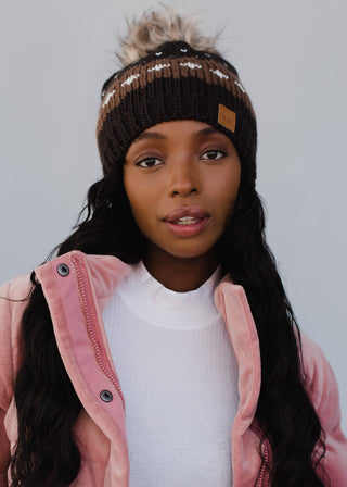 Dark Brown Patterned Pom Hat - Rise and Redemption