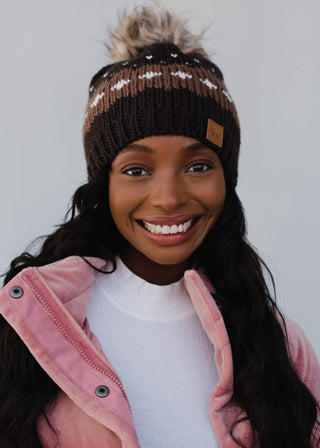 Dark Brown Patterned Pom Hat - Rise and Redemption