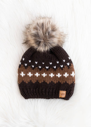 Dark Brown Patterned Pom Hat - Rise and Redemption