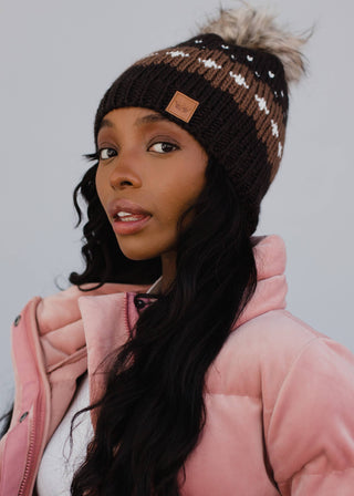 Dark Brown Patterned Pom Hat - Rise and Redemption