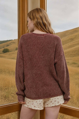 WASHED RIBBED HENLEY DROP SHOULDER KNIT SWEATER