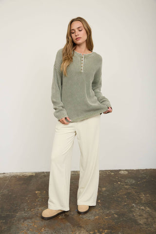 WASHED RIBBED HENLEY DROP SHOULDER KNIT SWEATER