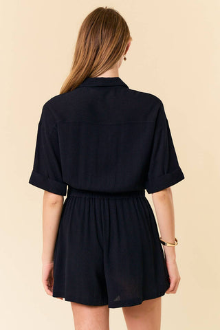 Delilah Drawstring Waist Cuff Button - Up Front Romper - Rise and Redemption