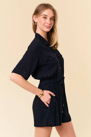 Delilah Drawstring Waist Cuff Button - Up Front Romper - Rise and Redemption