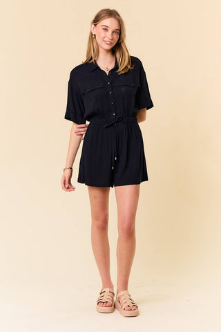 Delilah Drawstring Waist Cuff Button - Up Front Romper - Rise and Redemption