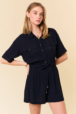 Delilah Drawstring Waist Cuff Button - Up Front Romper - Rise and Redemption