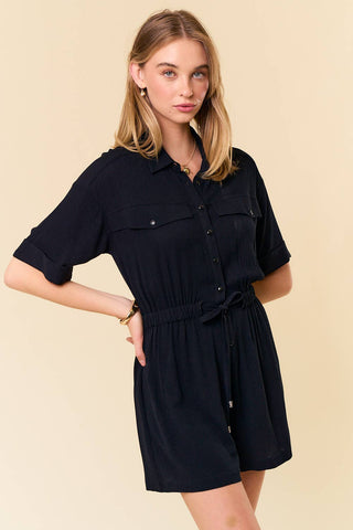 Delilah Drawstring Waist Cuff Button - Up Front Romper - Rise and Redemption