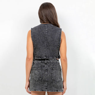 STUDDED TRIM SLEEVELESS DENIM VEST-RBT10823