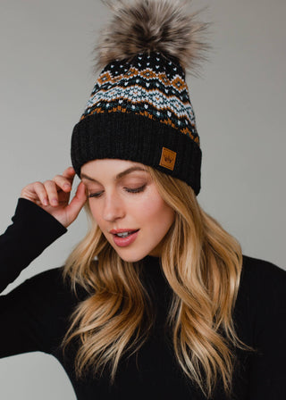 Dk. Gray, White, Mustard & Blue Patterned Pom Hat - Rise and Redemption