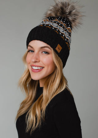 Dk. Gray, White, Mustard & Blue Patterned Pom Hat - Rise and Redemption