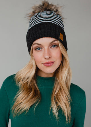 Dk. Gray & White Striped Pom Hat - Rise and Redemption