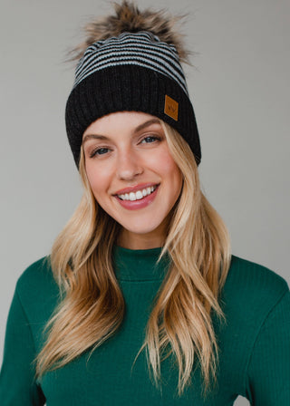 Dk. Gray & White Striped Pom Hat - Rise and Redemption