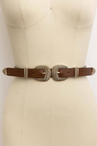 Double Buckle Faux Leather Western Style Belt - Rise and Redemption