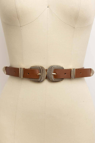 Double Buckle Faux Leather Western Style Belt - Rise and Redemption