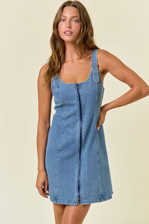 Double Scoop Neck Front Zip - Up Denim Mini Dress - Rise and Redemption