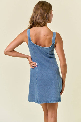Double Scoop Neck Front Zip - Up Denim Mini Dress - Rise and Redemption