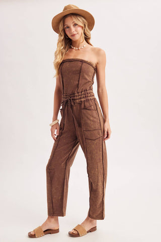 WASHED STRAPLESS SMOCKED WAIST DRAWSTRING JUMPSUIT