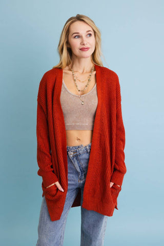Cozy Open-Front Waffle Knit Long Cardigan