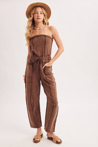 WASHED STRAPLESS SMOCKED WAIST DRAWSTRING JUMPSUIT
