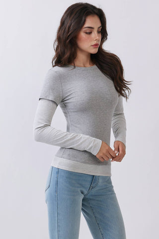 JT57815L - LAYERED STRIPEY LONG SLEEVE TOP: H. GREY H.GREY SOFT WHITE / S-M-L/2-2-2