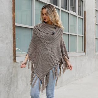 Turtleneck Cable Knit Poncho With Tassels