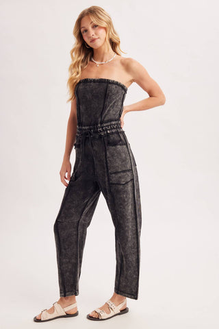 WASHED STRAPLESS SMOCKED WAIST DRAWSTRING JUMPSUIT