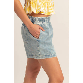 Elastic Waist Mineral Wash Denim Shorts - Rise and Redemption