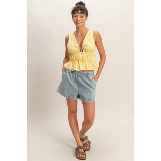 Elastic Waist Mineral Wash Denim Shorts - Rise and Redemption