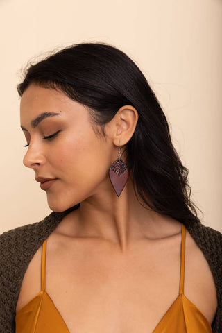 Engraved Leather Leaf Earrings - Rise and Redemption