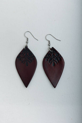 Engraved Leather Leaf Earrings - Rise and Redemption