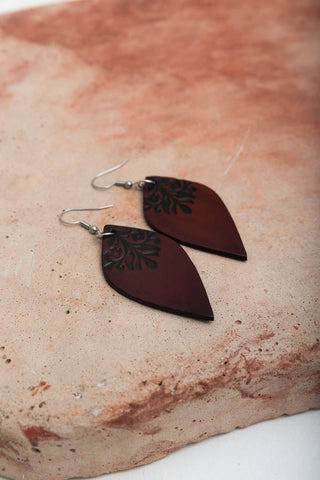 Engraved Leather Leaf Earrings - Rise and Redemption