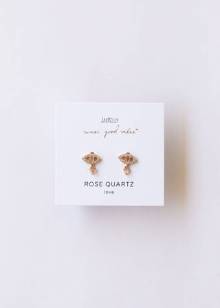 Evil Eye Drop - Rose Quartz - Gold Earrings - Rise and Redemption