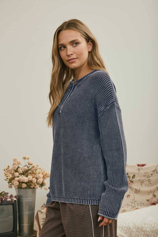 WASHED RIBBED HENLEY DROP SHOULDER KNIT SWEATER