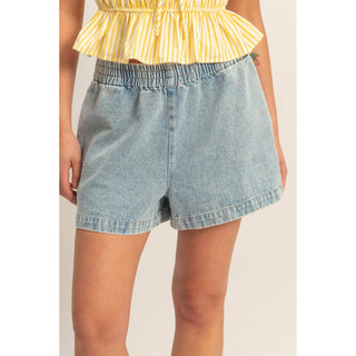 Elastic Waist Mineral Wash Denim Shorts