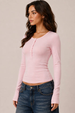 JT57726L - LONG SLEEVE CREW NECK BUTTON HENLEY TOP