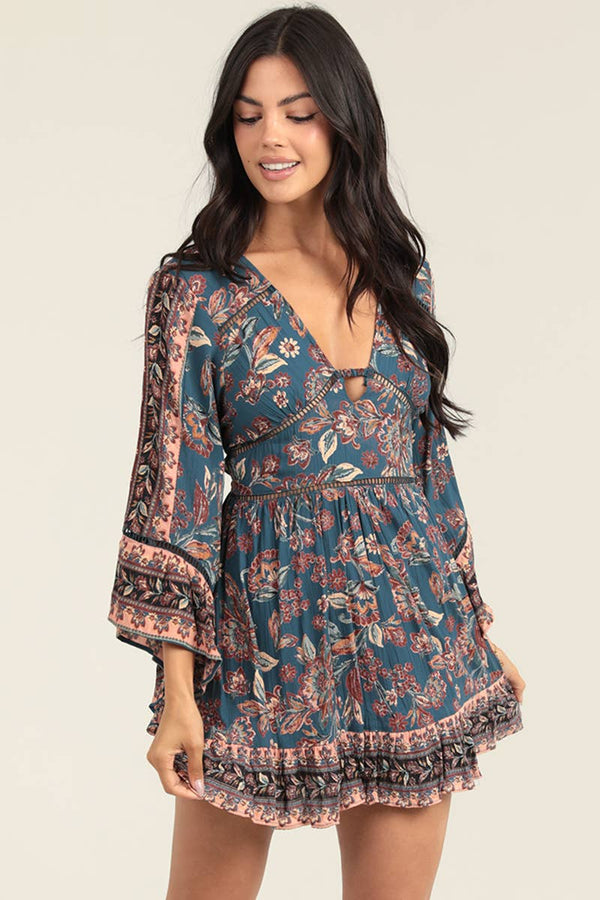 F4L21 - FR32 DEEP VNECK KEYHOLE LONG SLEEVE KNEE LENGTH DRESS - Rise and Redemption