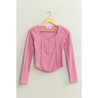 Ribbed Long Sleeve Button Front Top