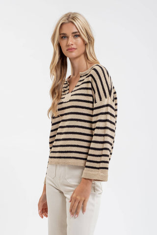 Stripe split neck sweater