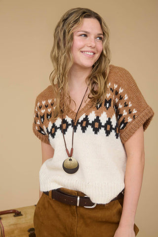 FAIR ISLE V NECK SHORT SLEEVE KNIT SWEATER - Rise and Redemption