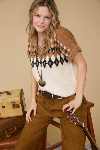 FAIR ISLE V NECK SHORT SLEEVE KNIT SWEATER - Rise and Redemption