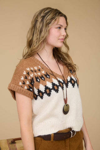 FAIR ISLE V NECK SHORT SLEEVE KNIT SWEATER - Rise and Redemption