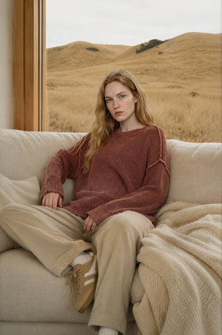 WASHED RIBBED LONG SLEEVE FOLDED CUFF KNIT SWEATER