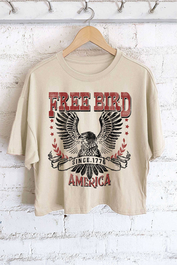 FREE BIRD AMERICA EAGLE GRAPHIC LONG CROP TOP: Khaki - Rise and Redemption