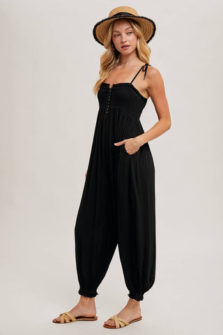 GAUZE SMOCKED BUTTON FRONT SHOULDER TIE JUMPSUIT - Rise and Redemption