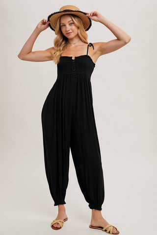 GAUZE SMOCKED BUTTON FRONT SHOULDER TIE JUMPSUIT - Rise and Redemption