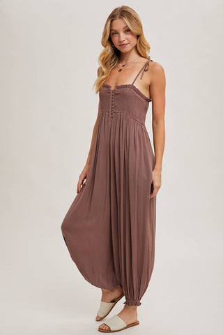 GAUZE SMOCKED BUTTON FRONT SHOULDER TIE JUMPSUIT - Rise and Redemption