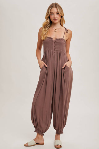 GAUZE SMOCKED BUTTON FRONT SHOULDER TIE JUMPSUIT - Rise and Redemption