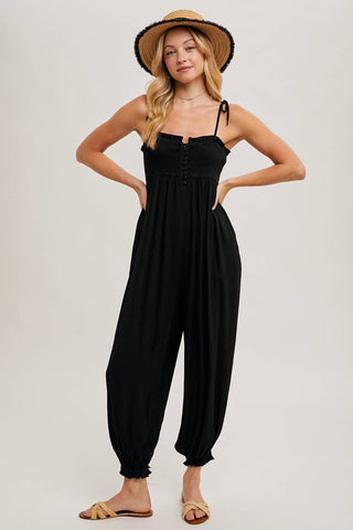 GAUZE SMOCKED BUTTON FRONT SHOULDER TIE JUMPSUIT - Rise and Redemption