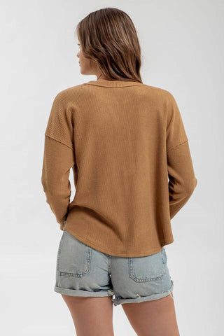HALF BUTTON V NECK LONG SLEEVE KNIT TOP - Rise and Redemption